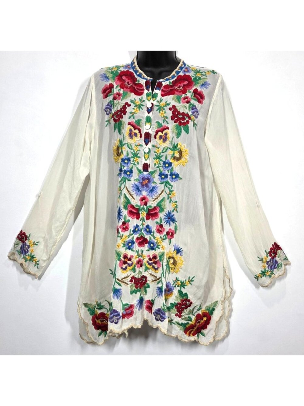 Johnny Was Top Small Ivory Gala Floral Embroidered Tunic Roll Tab Sleeves Boho